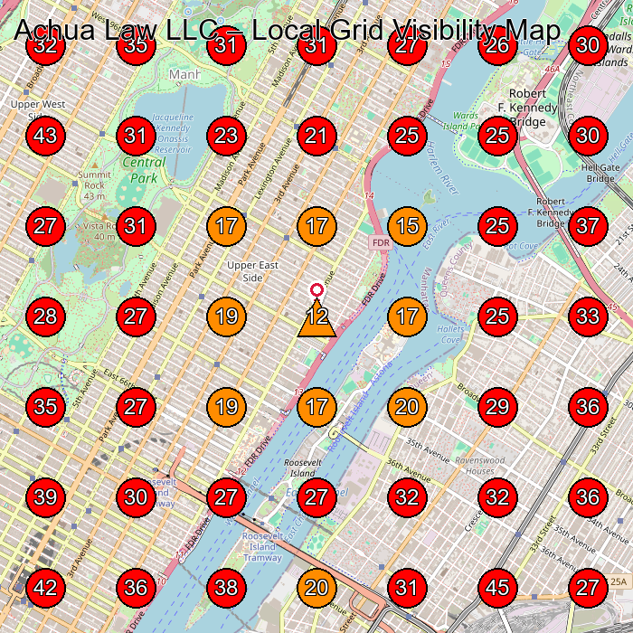 Achua Law LLC GeoGrid visibility map for Legal Services in New York